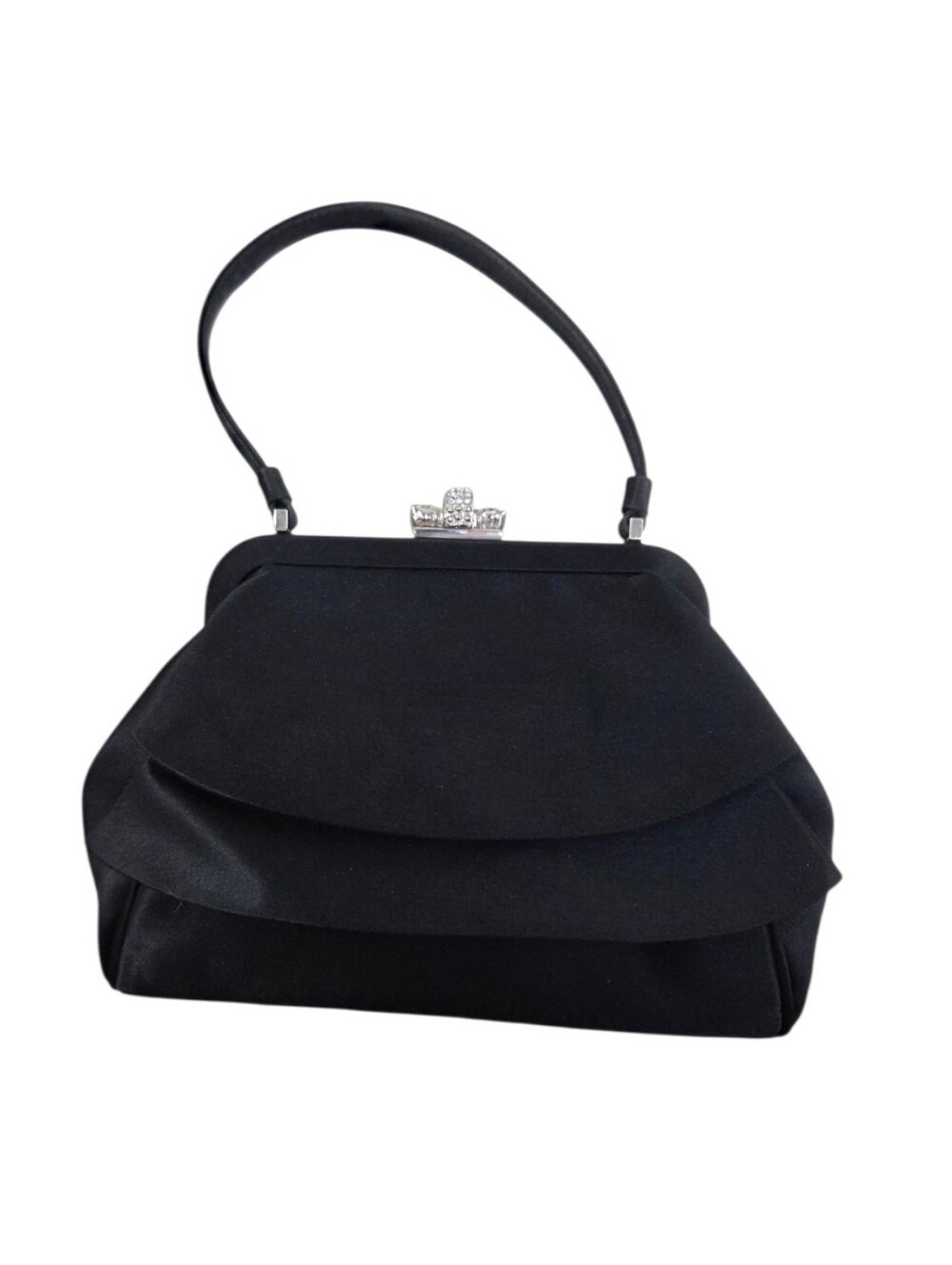 Franchi Black Satin Layered Ruffle Rhinestone Clasp Small Evening Handbag - Picture 2 of 10